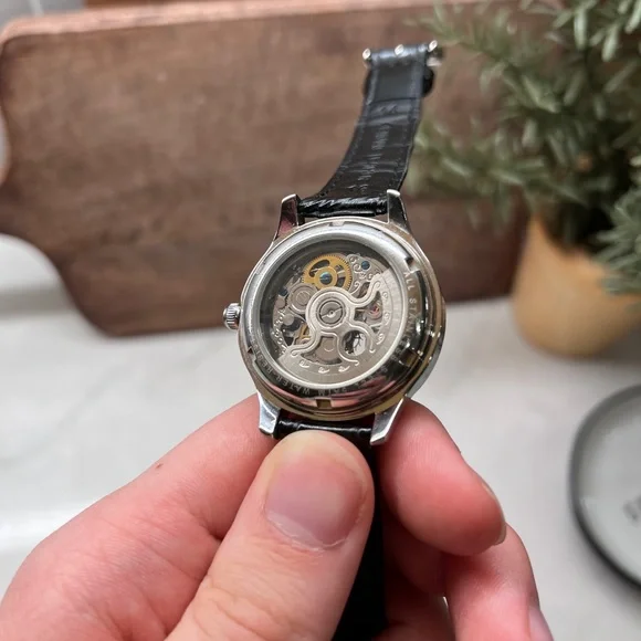 COGU Skeleton Watch Automatic Exhibition Back Mens Black Silver